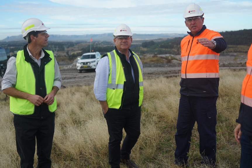 Three men wearing high vis shirts stand in long grass, with one of them pointing
