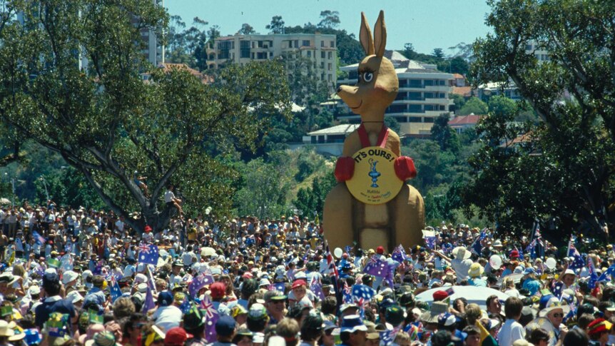 Matilda the kangaroo celebrates the 1983 America's Cup win with crowds in Perth