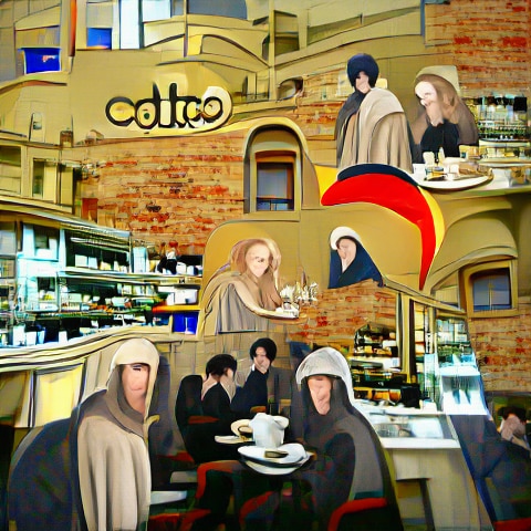 Hooded figures sitting in a cafe with a counter and brick wall