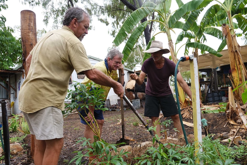 Three men stand around a garden bed, looking and holding shovels.