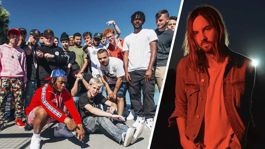 A collage of LA collective Internet Money and Tame Impala's Kevin Parker