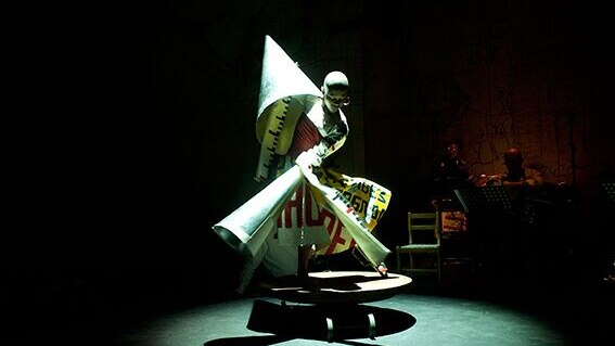 South African artist William Kentridge in a swirling costume as part of his Refuse the Hour show.