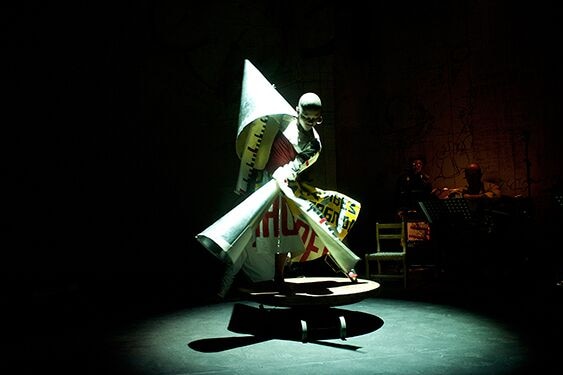 South African artist William Kentridge in a swirling costume as part of his Refuse the Hour show.