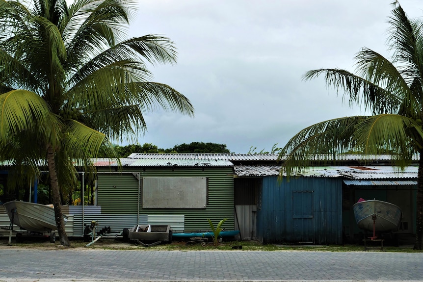 Tin structures with palm trees on either side. 