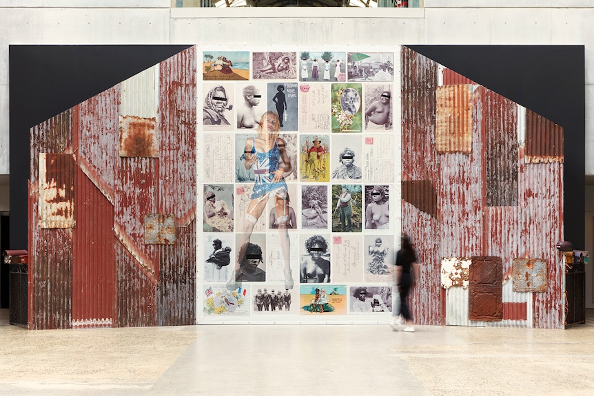 An image of an Aboriginal woman in an Australian flag dress superimposed on top of vintage postcards of Aboriginal people