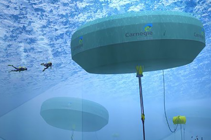 An artist's impression of wave power buoys floating under the ocean with divers in the background.