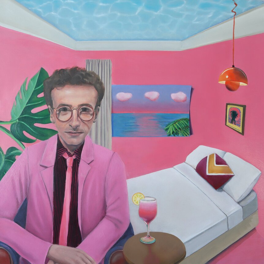 Album cover image shows Andrew Denton in pink room with bed, painting and house plant behind
