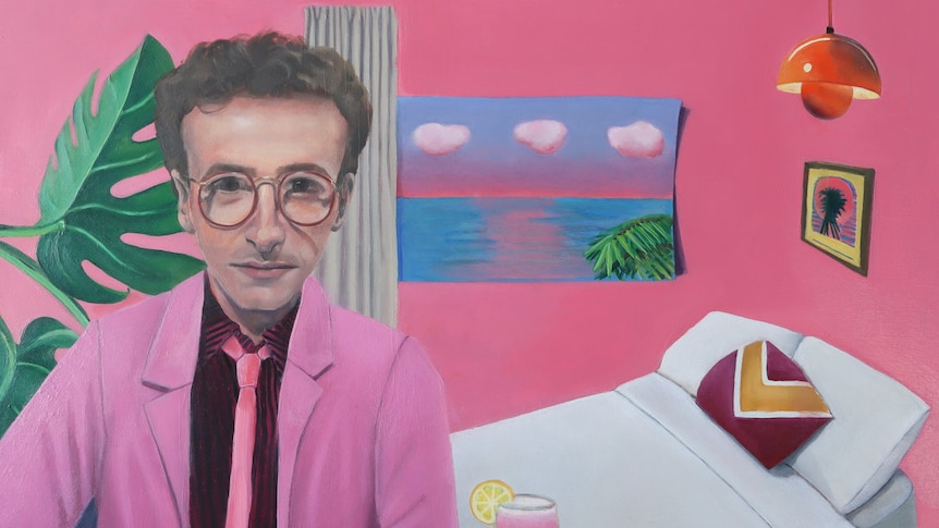 Album cover image shows Andrew Denton in pink room with bed, painting and house plant behind