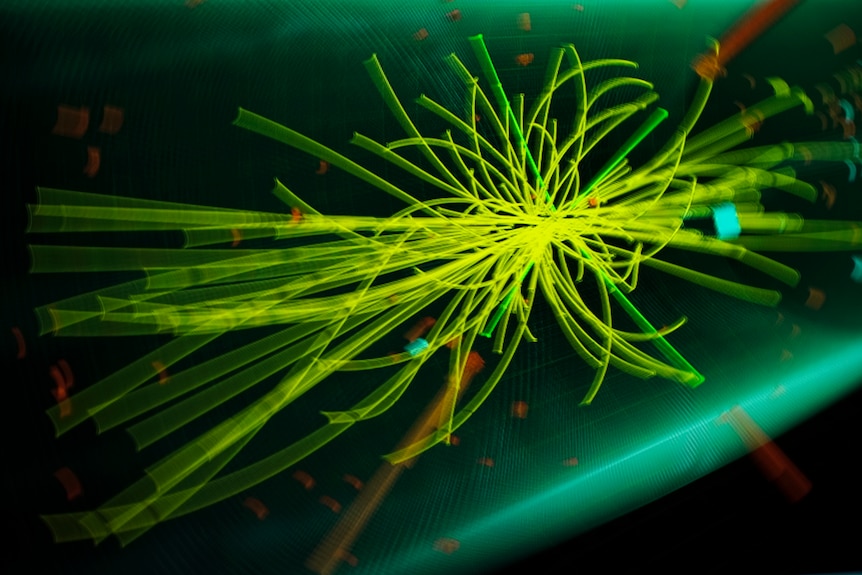 image of particles colliding: green light on a black background