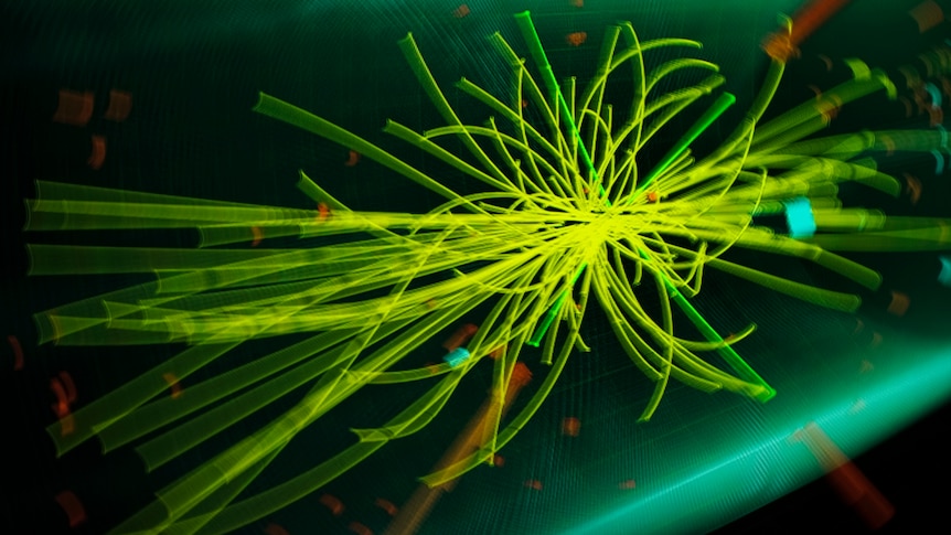 image of particles colliding: green light on a black background