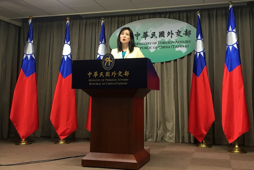 A woman stands behind a lectern flanked on both sides by Taiwan flags.