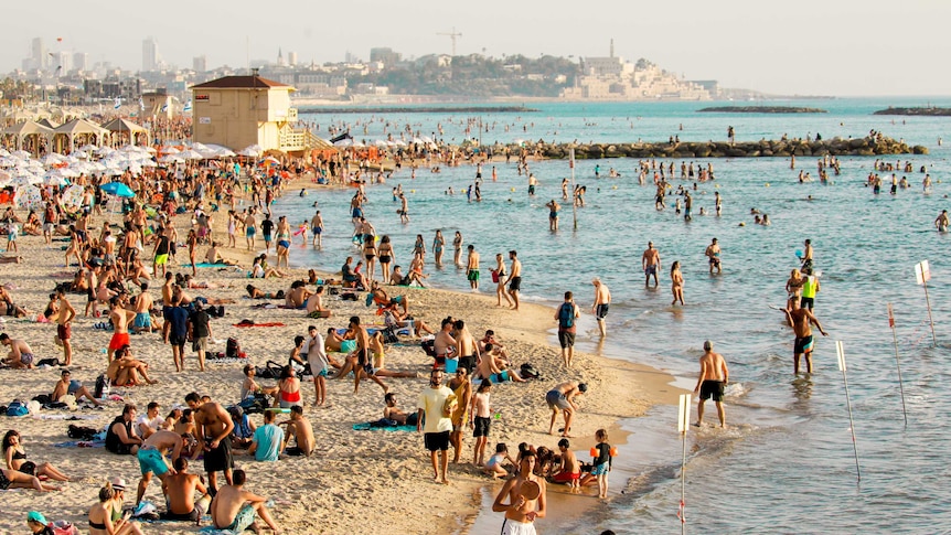 A crowded beach on Israel's coast