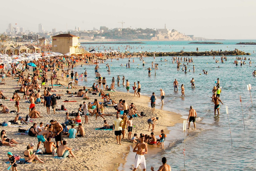 A crowded beach on Israel's coast