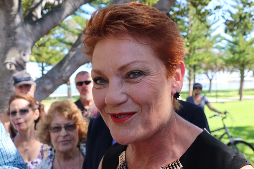 A tight head shot of a smiling Pauline Hanson with people standing behind her.