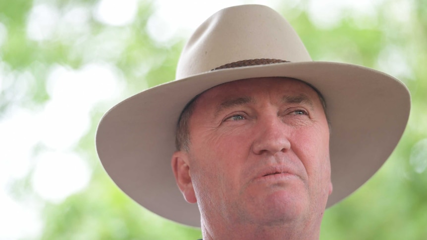 Barnaby Joyce, wearing his akubra, looks off camera. There is a worried expression on his face