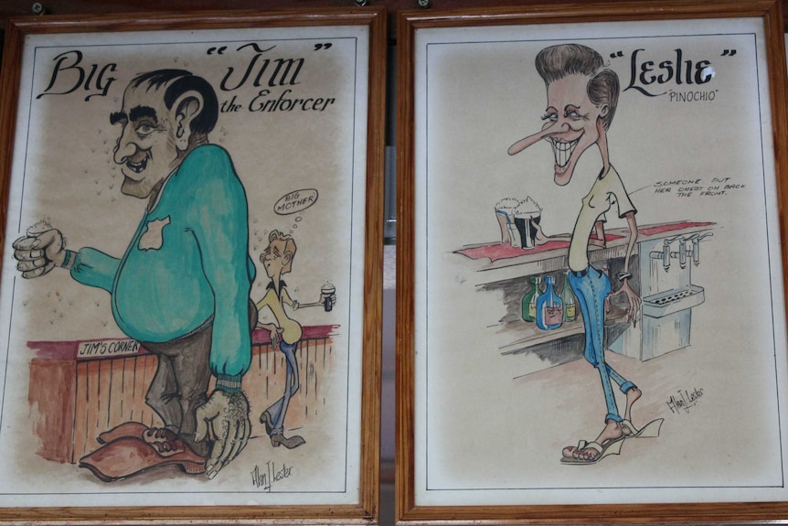 Close up photograph of caricatures on the wall of Beechwood Hotel.