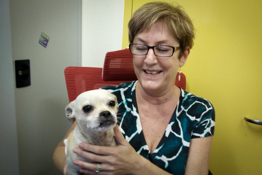 A woman smiles as she looks down upon the small dog she is cradling in her arms.