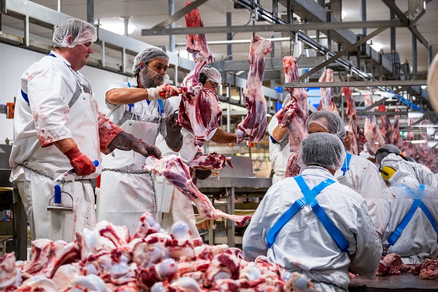 Dressed in all white and with knives in hand, meatworkers staff carve off the last cuts of meat.