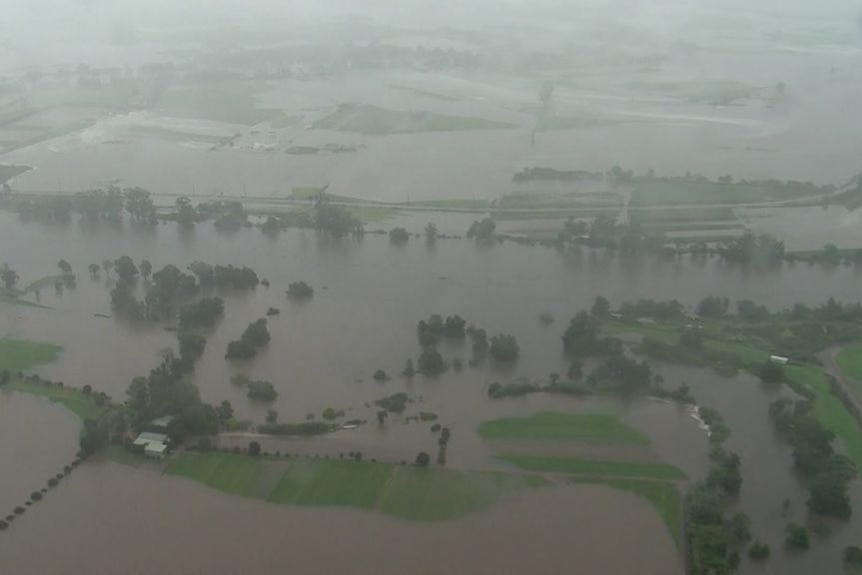 An aerial view of a flooded farming area