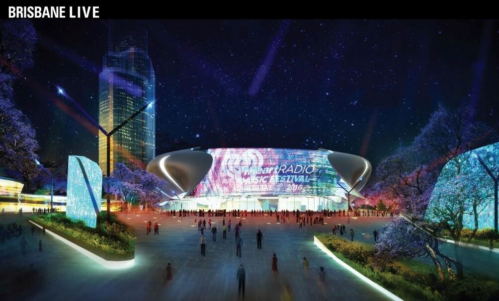 A concept drawing showing a tower, and a modern building and people walking towards it. 