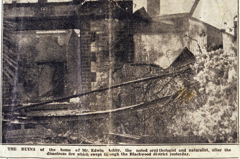 An old newspaper image of a house ruined by fire.