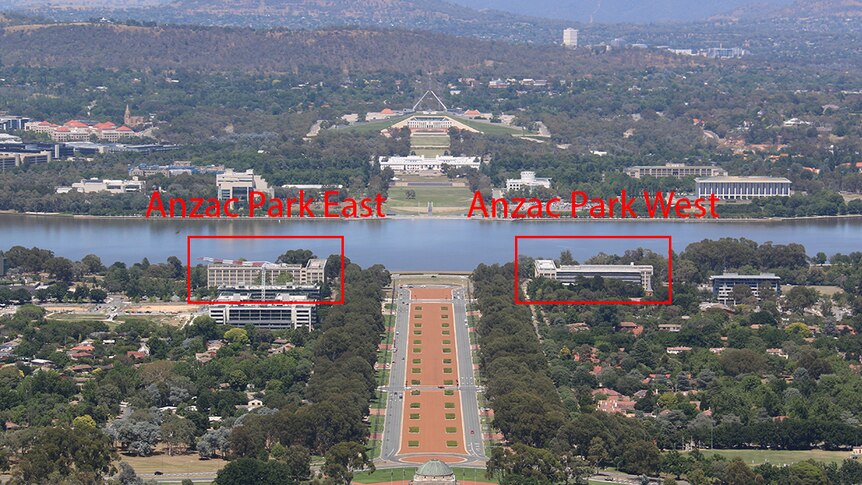 The view from Mount Ainslie, showing Anzac Park East on the left of Anzac Parade and Anzac Park West on the right.