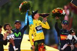 Chris Froome celebrates Tour de France win next to Nairo Quintana (L) and Alejandro Valverde (R).