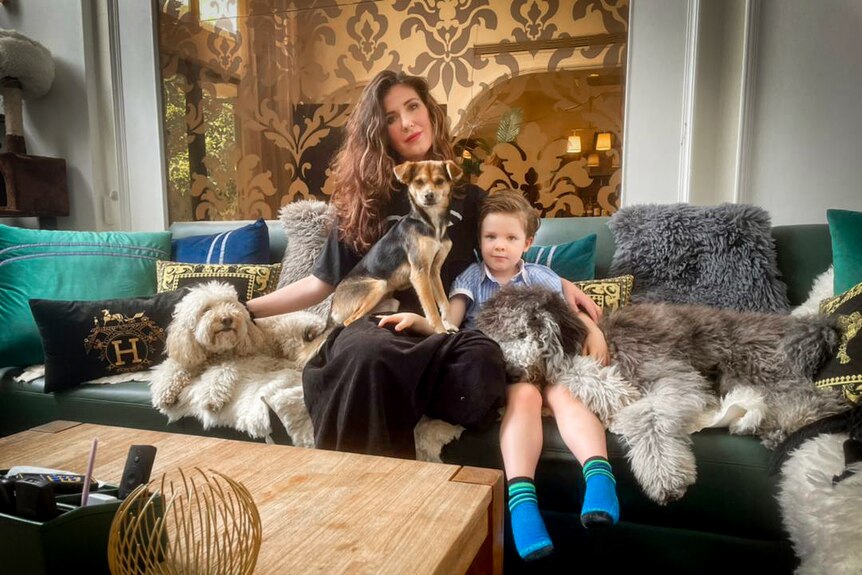 一位女士坐在沙发上，身边是三条长毛狗和一个小男孩