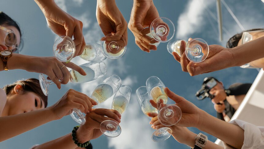 A group of people raise champagne flutes in a toast.