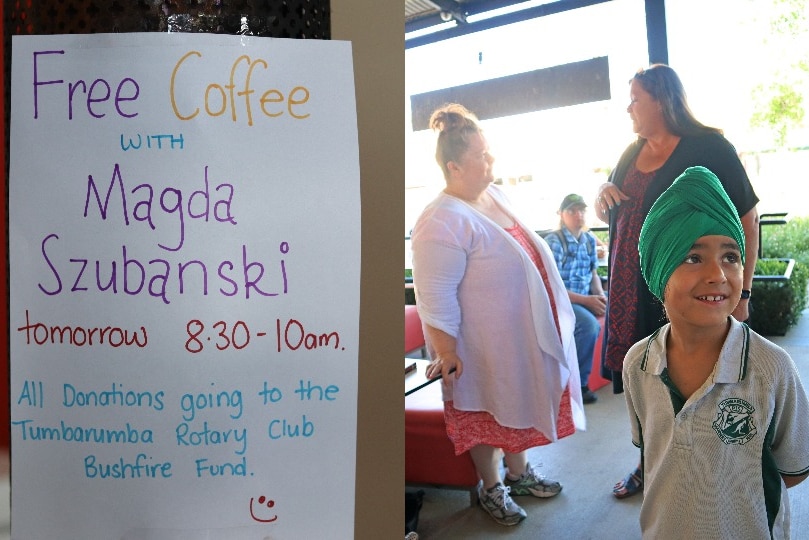 Composite image sign Free Coffee with Magda Szubanski