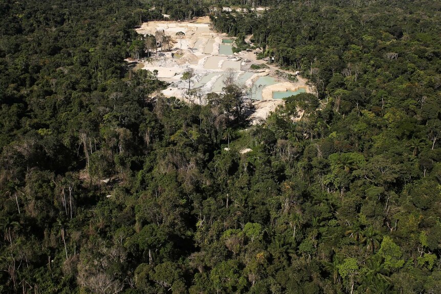 An aerial photo shows illegal wildcat gold mine located on an area of deforested Amazon rainforest.