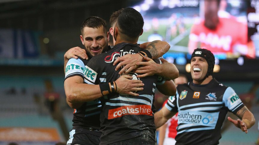 Cronulla Sharks celebrate Valentine Holmes's try