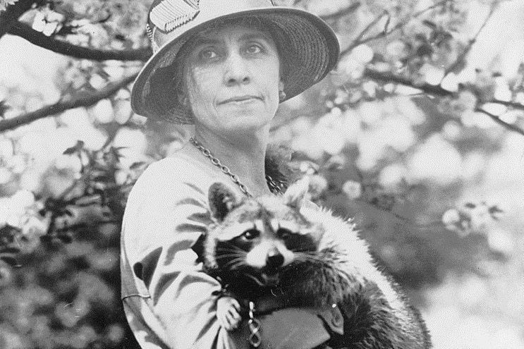 Grace Coolidge, pictured holding her pet raccoon Rebecca. She is wearing a chain that is also attached to a collar on Rebecca.