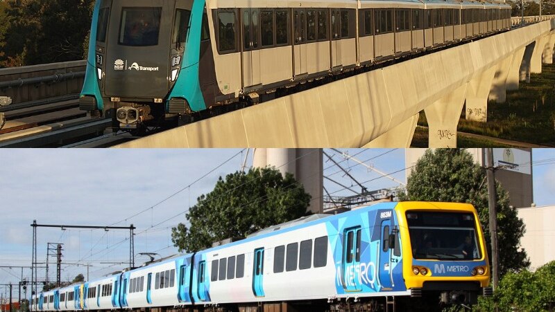 A horizontal composite image shows two trains, one bearing NSW Government colours, and another bearing the Melbourne Metro logo.