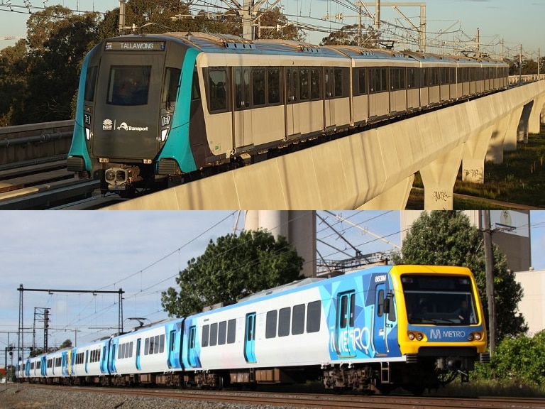 A horizontal composite image shows two trains, one bearing NSW Government colours, and another bearing the Melbourne Metro logo.