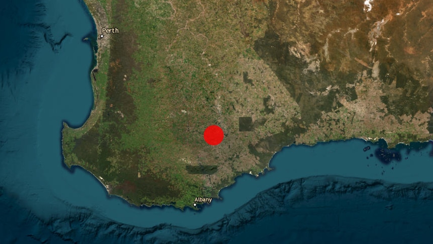A satelite map of WA with red dot just north of Albany on the state's south coast.