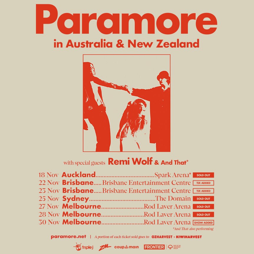 Beige and red poster for Paramore's 2023 Australian tour