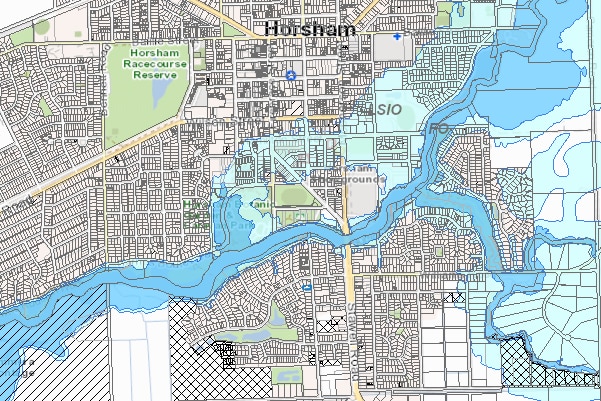 A map of Horsham with a blue shaded area around the river running in a northeast direction