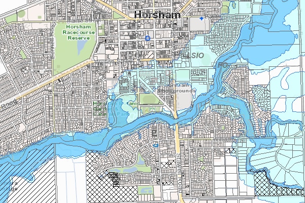 Une carte de Horsham avec une zone ombragée bleue autour de la rivière en direction du nord-est