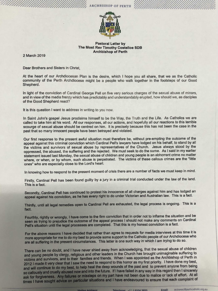 The letter handed out by the Archbishop of Perth