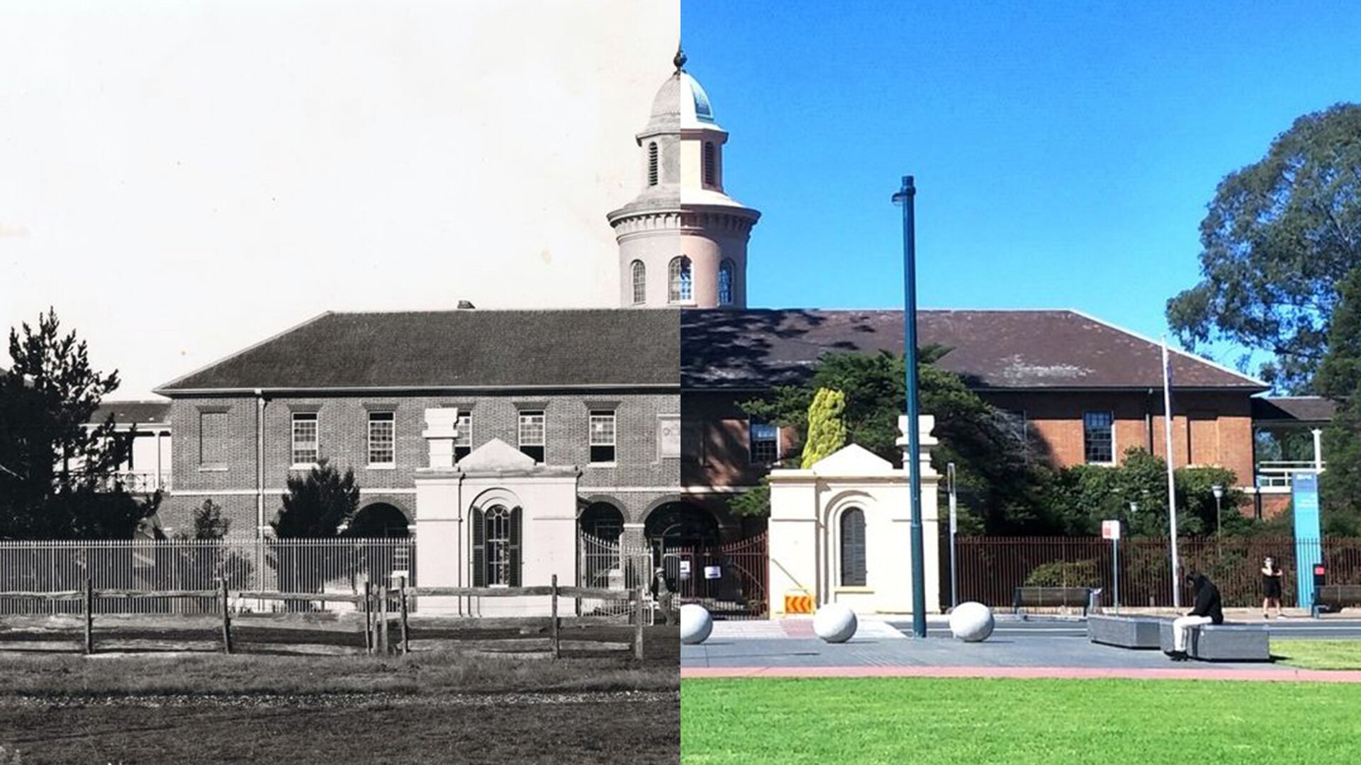 A split shot showing an asylum on the left and a TAFE building on the right.