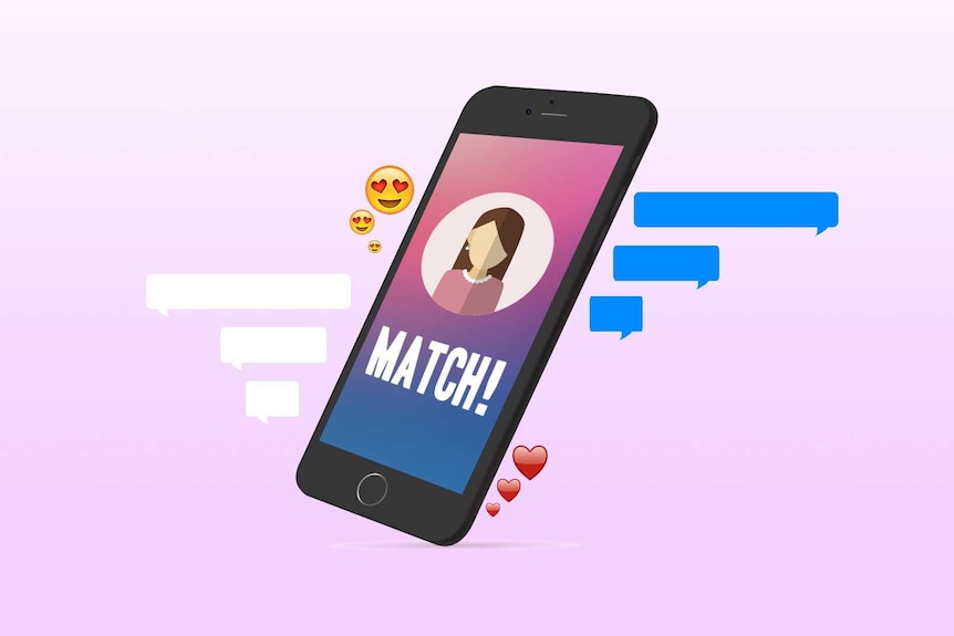 A graphic of a mobile phone showing an image of a dating app on the screen.