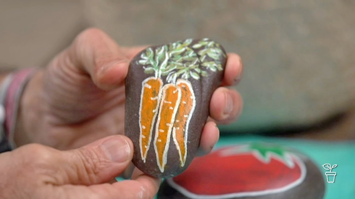 Hand holding a pebble with a bunch of carrots painted on it.
