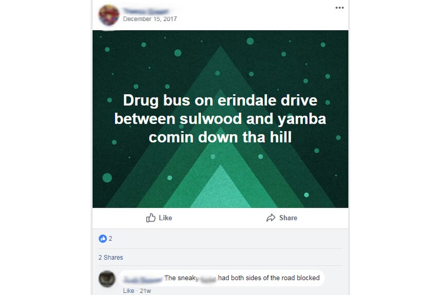 Facebook post reads: Drug bus on erindale drive between sulwood and yamba comin down tha hill.