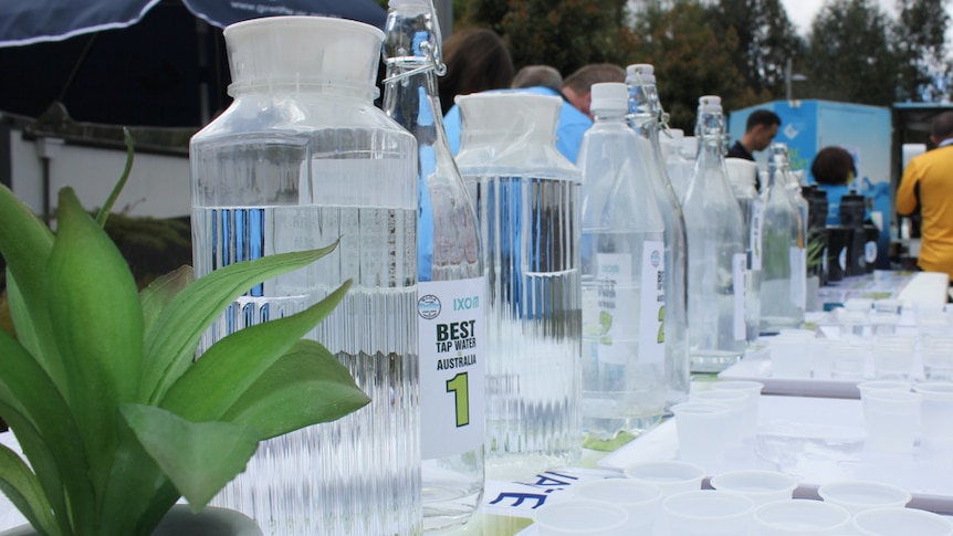 Bottles of water with plastic cups ready for tasting.