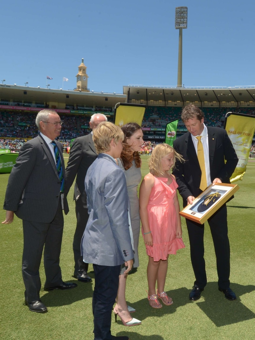 Glenn McGrath with his wife Sara Leonardi, daughter Holly and son James after he was inducted into the ICC Hall of Fame during the lunch break.