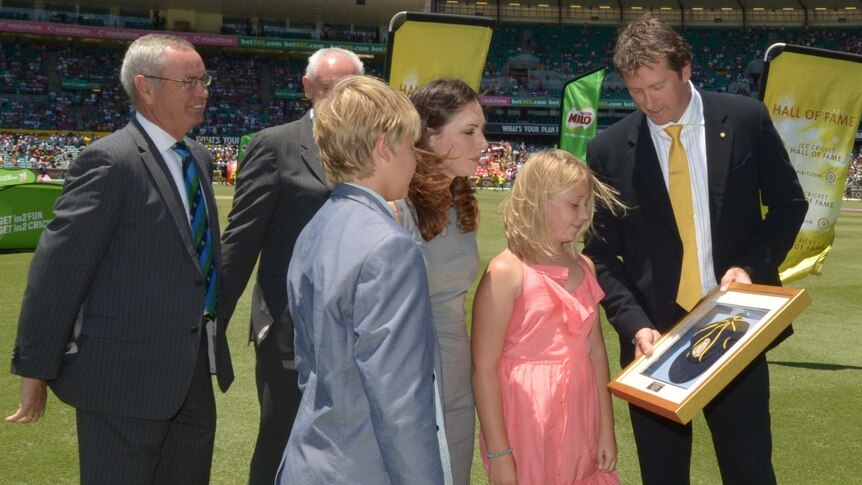 Glenn McGrath with his wife Sara Leonardi, daughter Holly and son James after he was inducted into the ICC Hall of Fame during the lunch break.