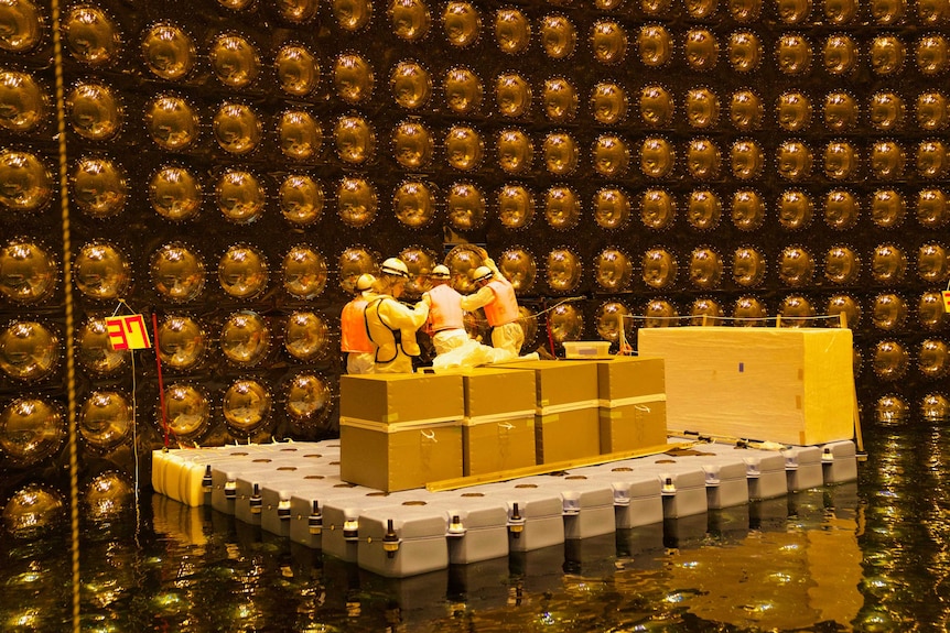 People in safety clothing stand on a platform inside a large tank lined with oversized lightbulbs.