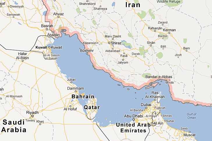 The Gulf between Iran and Saudi Arabia with the name removed from Google Maps.