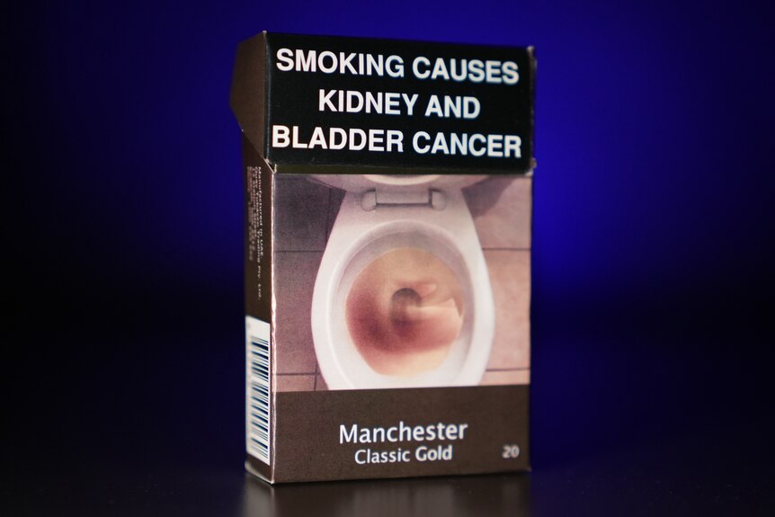 A packet of illegal, counterfeit Manchester cigarettes with a graphic warning that smoking causes kidney and bladder cancer.
